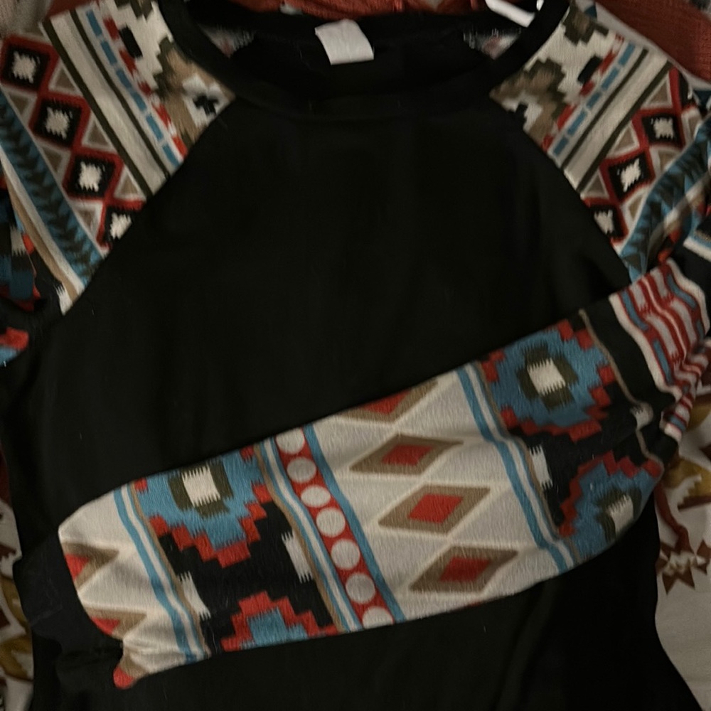 sunshine & rodeo black top with aztec sleeves